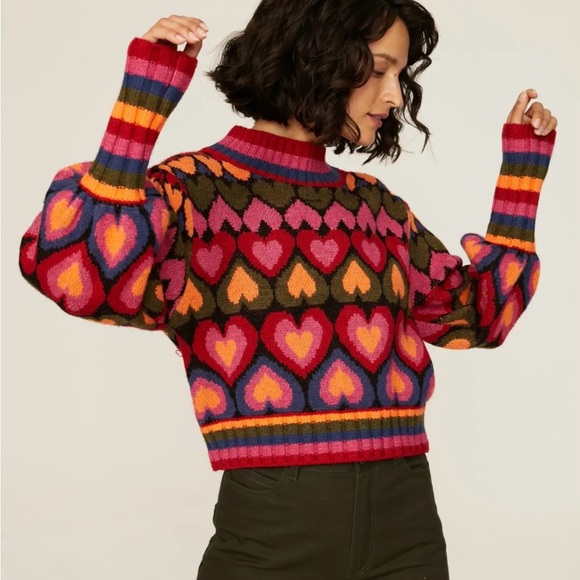 FARM Rio Sweaters - Farm Rio Heart-Pattern Crewneck Sweater in Multicolor